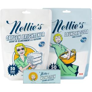 Nellie’s Complete Laundry Bundle – Concentrated Laundry Soda (50 Loads), Oxygen Brightener (50 scoops) & WOW Stick Stain Remover